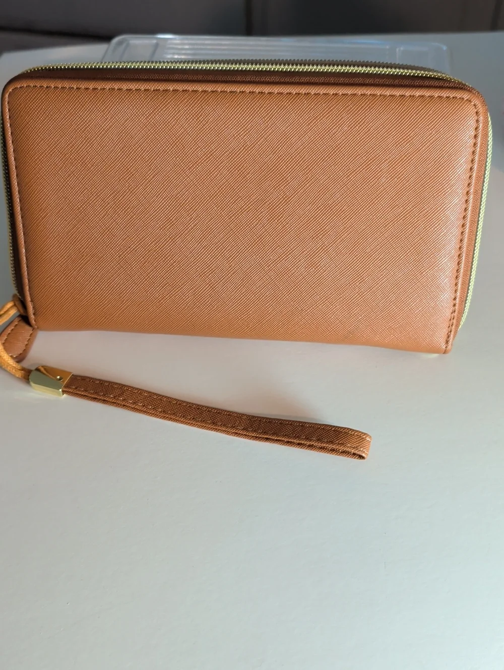 Compact Tan Zip-Around Wristlet Card Holder